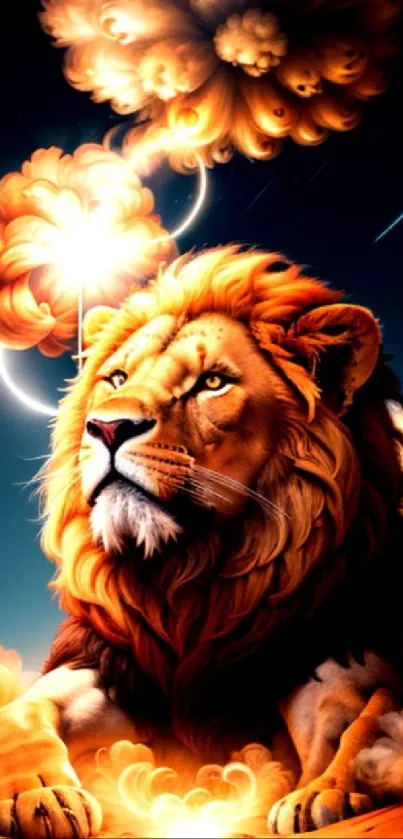 A majestic lion amidst cosmic clouds with a fantasy and celestial background.