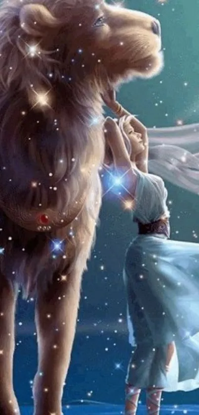 Majestic lion with stars in a fantasy scene mobile wallpaper.