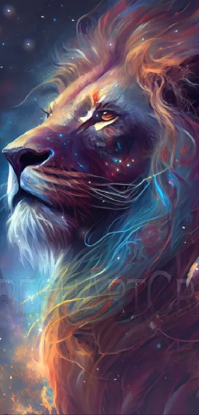 Majestic lion in vibrant, colorful fantasy art with cosmic theme.