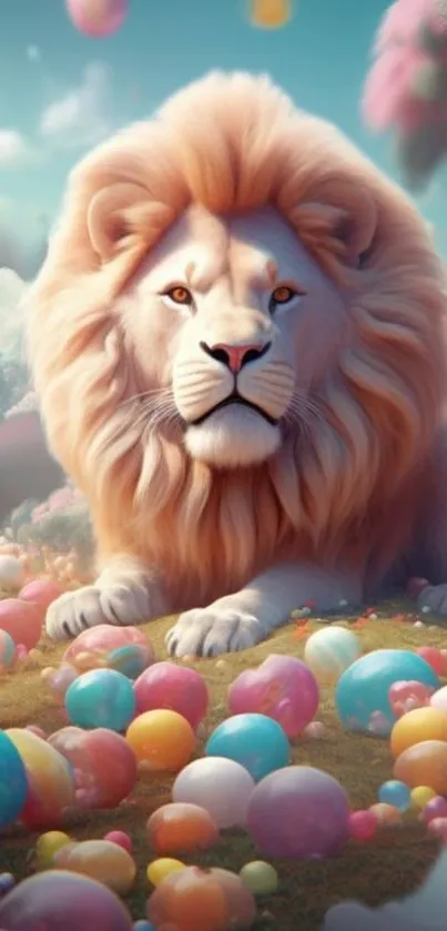 Majestic lion in colorful fantasy world with pastel spheres.