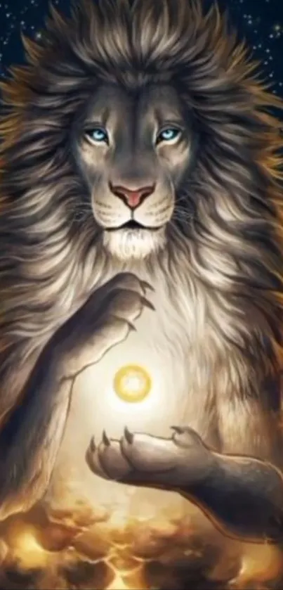 Majestic lion fantasy wallpaper with glowing elements and galaxy background.