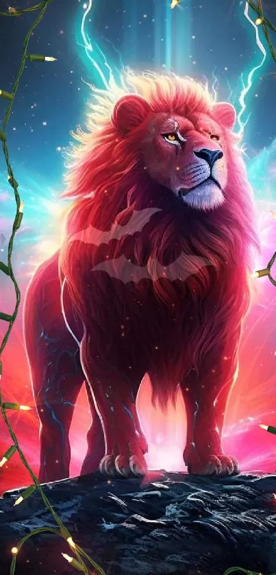 Luminous fantasy lion amidst a vibrant mystical landscape.