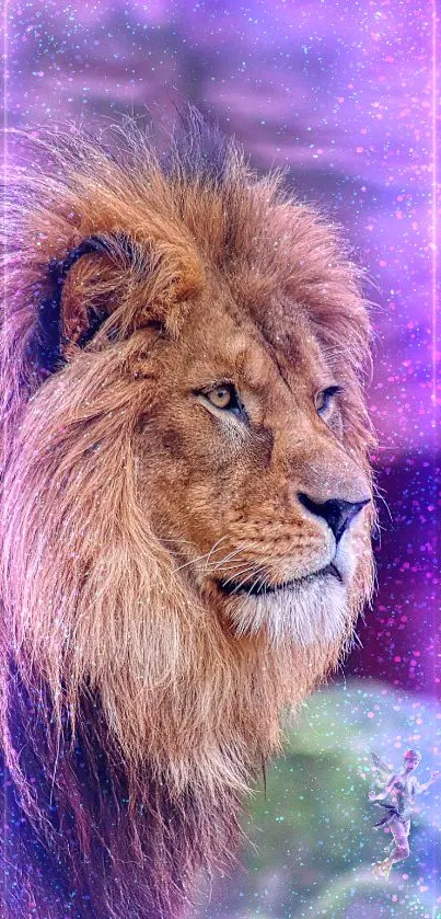 Majestic lion with purple fantasy glow on mobile wallpaper.