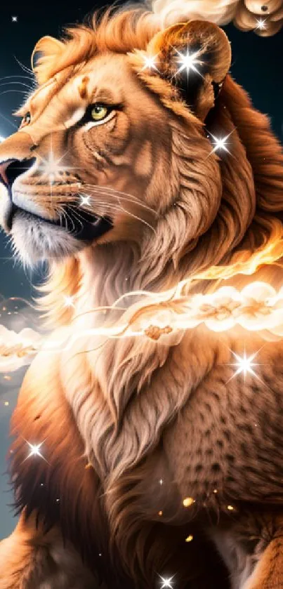 Majestic lion surrounded by ethereal smoke in a digital fantasy artwork.