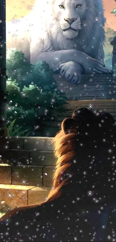 Majestic lion looking at a grand white lion statue with celestial stars.