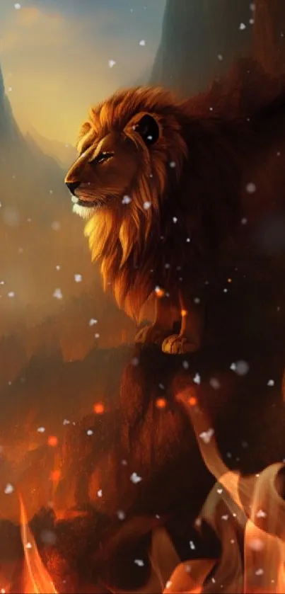 Majestic lion overlooking fiery, mystical landscape in fantasy wallpaper.