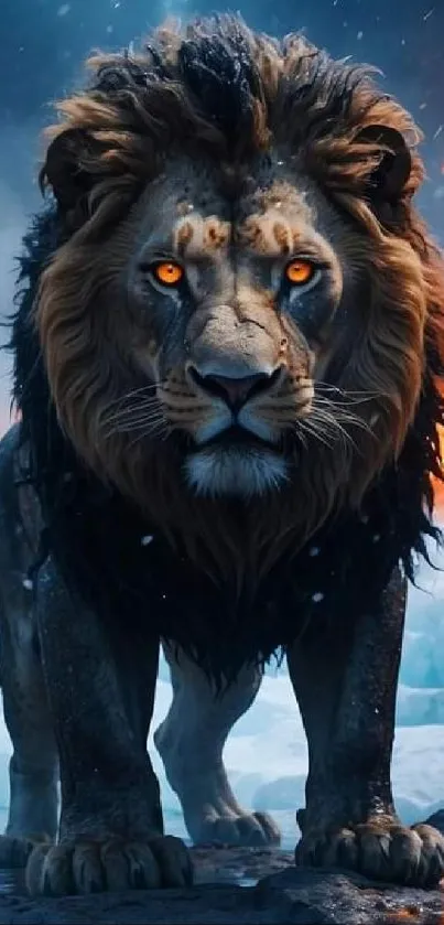 Majestic lion with fiery eyes amidst ice and fire landscape wallpaper.