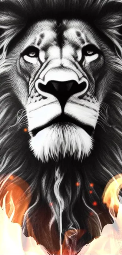 Monochrome lion with fiery flames in artistic wallpaper design.