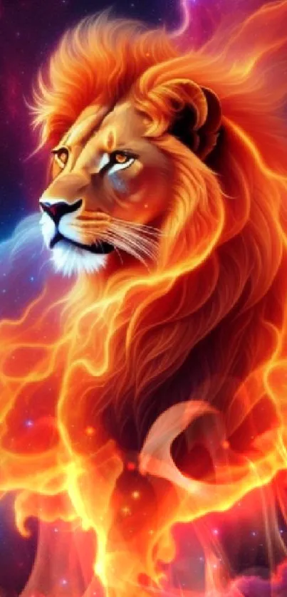 Fiery lion with cosmic mane on vibrant space background.