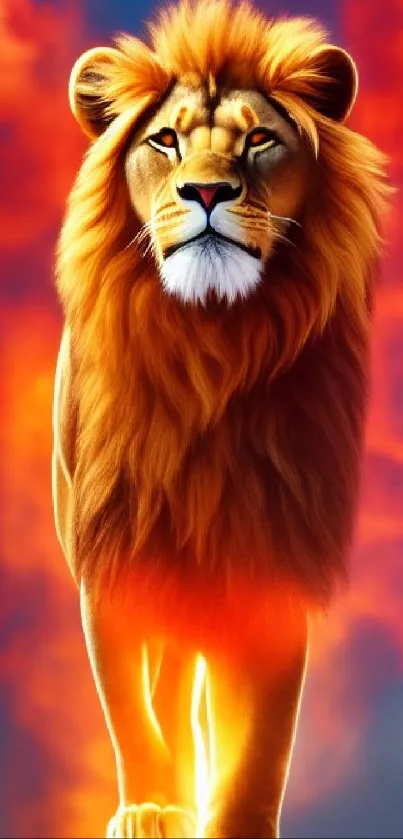 Majestic lion standing against a fiery sky background.