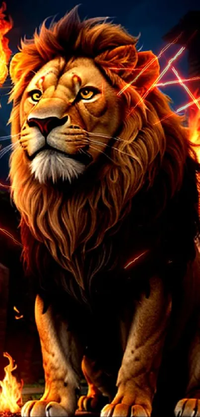 Majestic lion surrounded by fire torches on a mobile wallpaper.