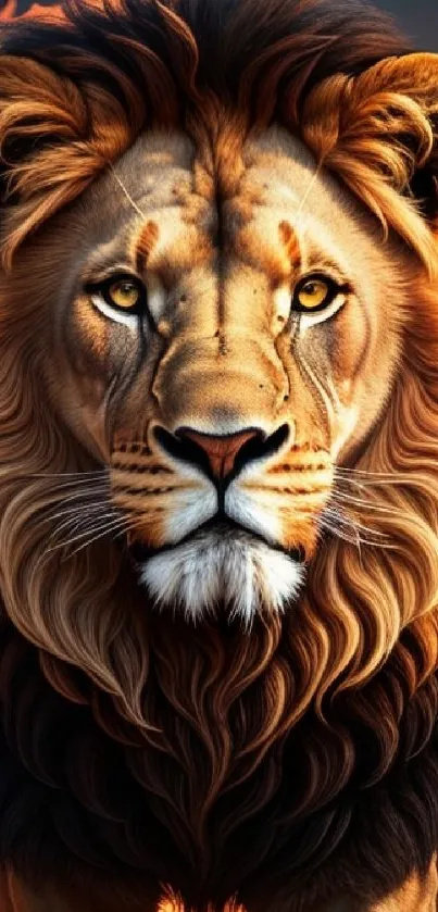 Majestic lion with mane on fire in dynamic smartphone wallpaper.