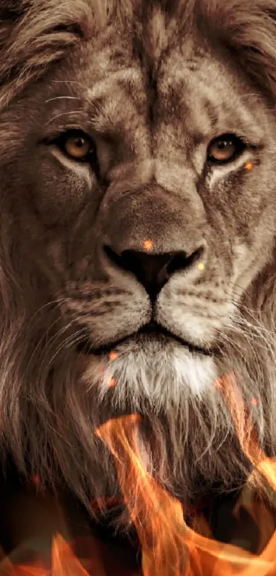 Majestic lion with fiery flames background, ideal phone wallpaper.