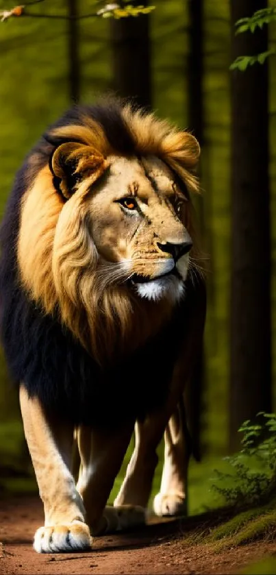 Majestic lion walking through a verdant forest path.