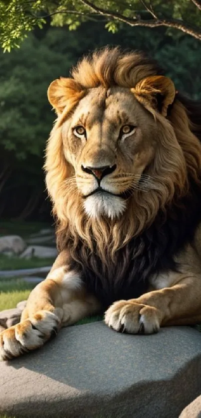 Majestic lion resting in a tranquil forest setting.