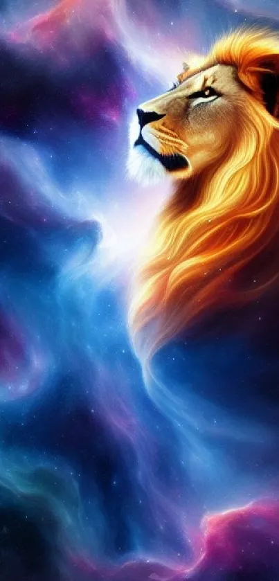 Illustration of a majestic lion surrounded by a vibrant galaxy.