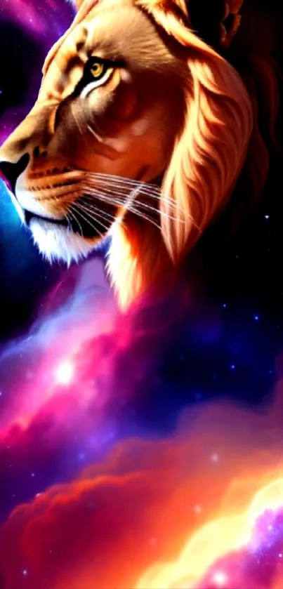 Majestic lion with galaxy background in vibrant colors.