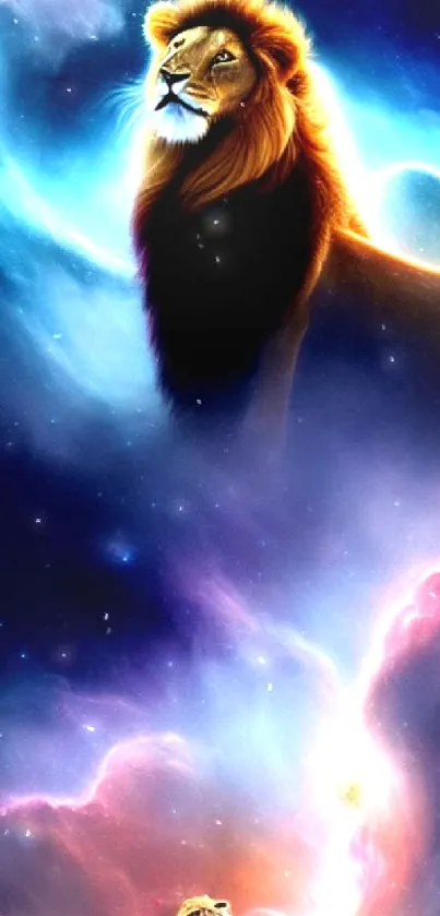 Majestic lion in a vibrant cosmic galaxy art wallpaper.