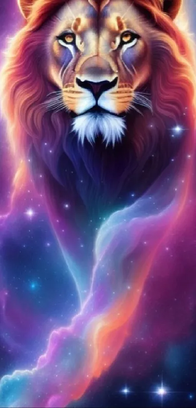 Majestic lion in a colorful galaxy-themed wallpaper.