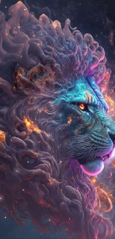 Majestic lion with cosmic mane and vibrant galaxy colors.