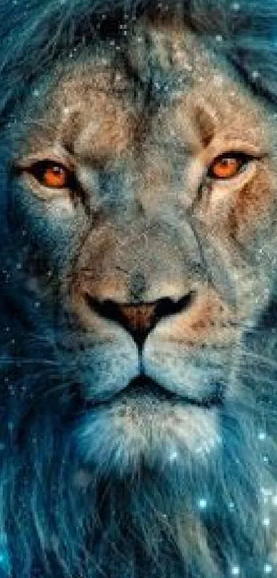 Intricate lion face blending with cosmic blue background.