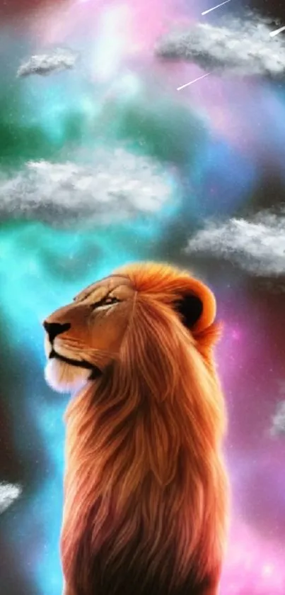 Majestic lion with galaxy background and colorful cosmic clouds.