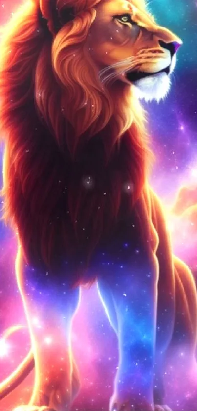 Majestic lion standing in a vibrant galaxy with colorful cosmic elements.