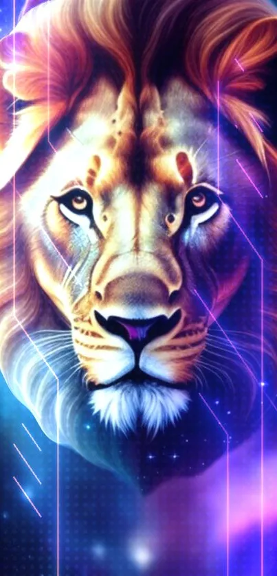 Majestic lion with a galaxy background, blending vibrant cosmic colors.