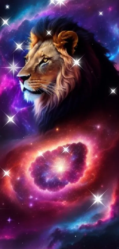 Majestic lion amidst a colorful cosmic nebula background.