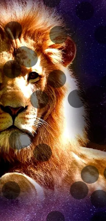 Majestic lion surrounded by a galaxy background in a vibrant wallpaper.