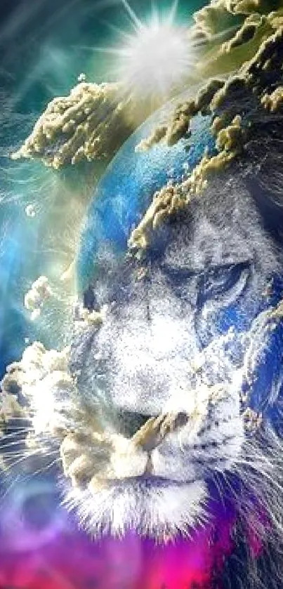 Lion and galaxy themed mobile wallpaper with cosmic elements and vibrant colors.