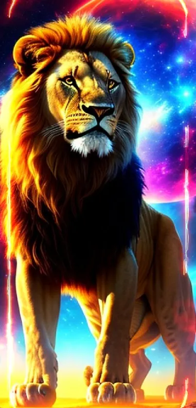 Lion standing tall against a vibrant cosmic galaxy background.