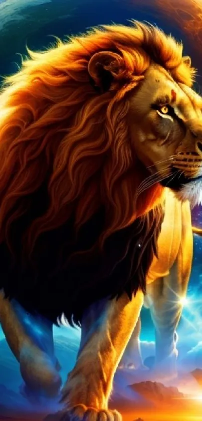 Majestic lion with galaxy background in vibrant colors.