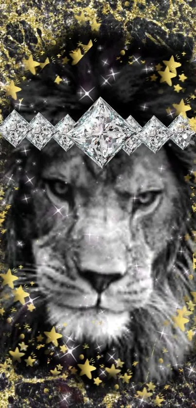 Lion wallpaper with diamonds and gold accents, featuring a majestic design.