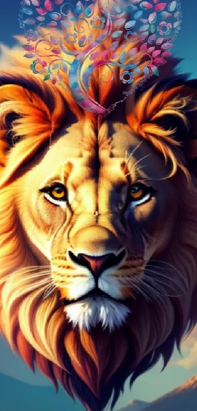 Majestic lion with a vibrant heart in serene landscape wallpaper.