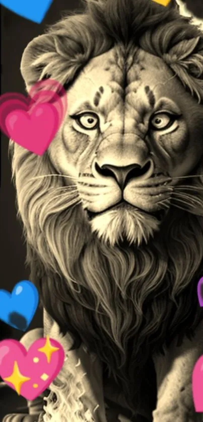 Majestic lion with colorful hearts wallpaper.