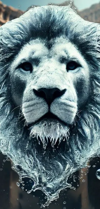 Majestic lion face carved in ice with water elements.