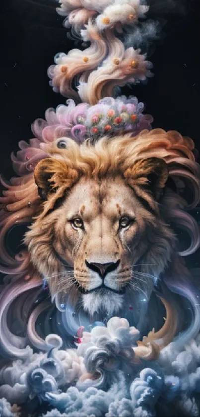 Lion surrounded by artistic, colorful clouds on a dark background.