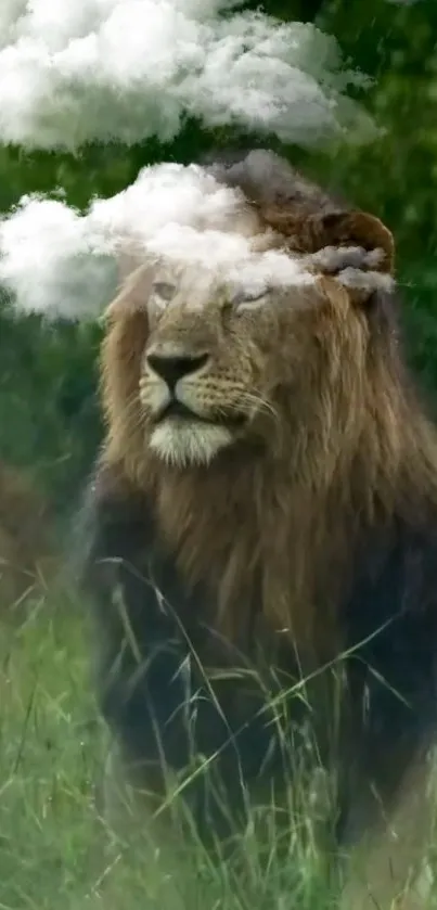 Lion in a cloudy scene with lush green background.