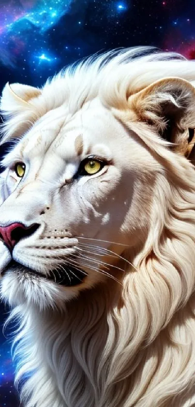 Majestic white lion set against a vibrant cosmic galaxy background.