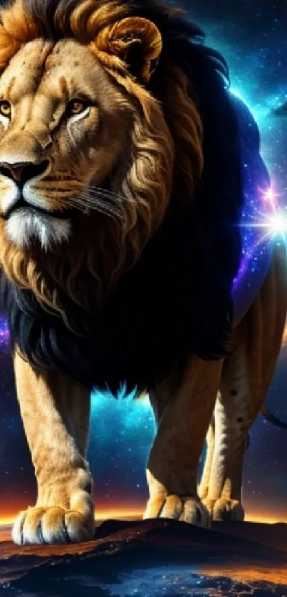 Majestic lion walking in a galaxy backdrop.