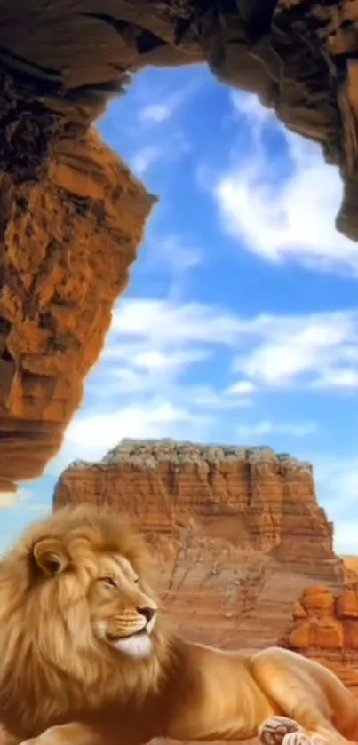 Majestic lion resting in a desert cave with a blue sky background.