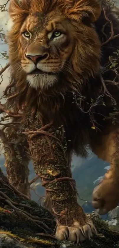 A majestic lion entwined with branches in a mystical forest setting.