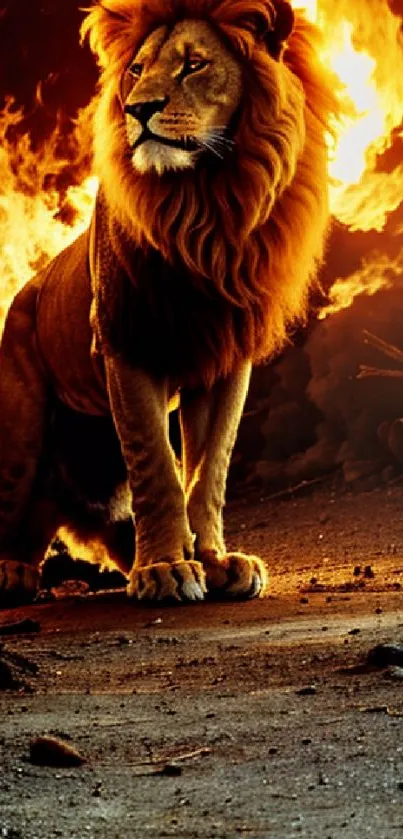 Majestic lion with a fiery background creating a dramatic and inspiring scene.