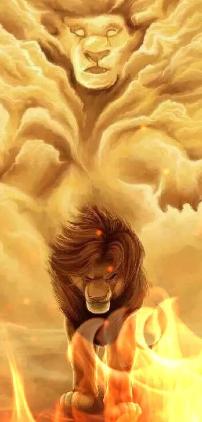 Majestic lion emerges from fiery clouds in artistic mobile wallpaper.