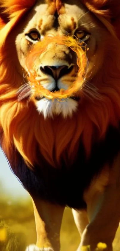 Lion with fiery mane and majestic stance in a digital artwork.