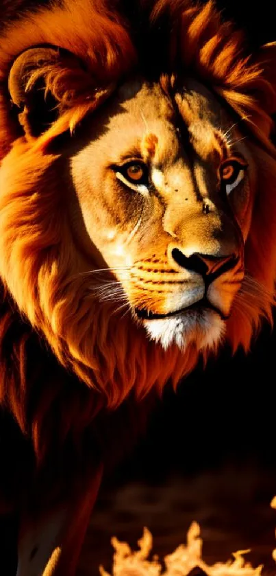 Majestic lion amid fiery flames, creating a vibrant and dramatic mobile wallpaper.