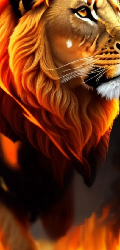 Lion with fiery mane mobile wallpaper showcasing strength and beauty.