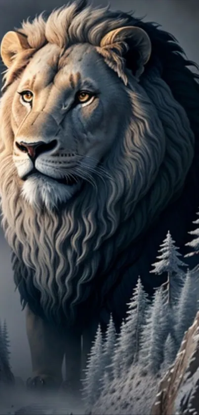 Majestic lion in a frosty forest setting, offering a serene and grand visual experience.