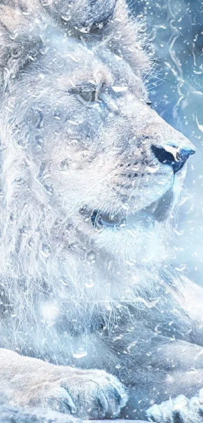 Lion rests peacefully in a frosty winter scene, exuding majesty and calm.